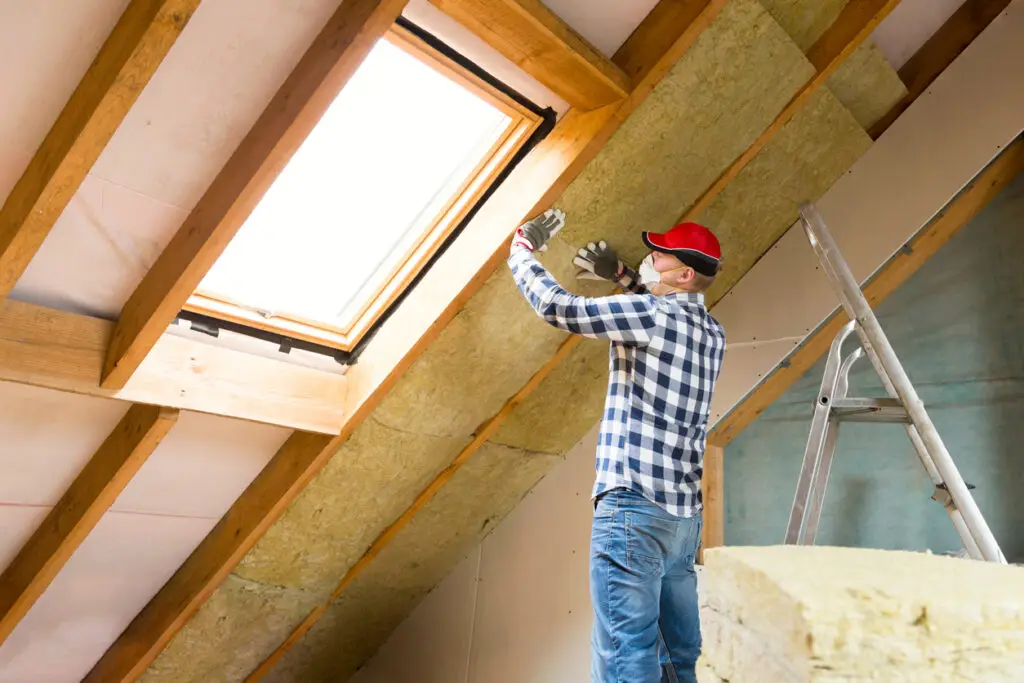 Preventing roof heat damage - A male contractor installing an insulator on a home's attic.