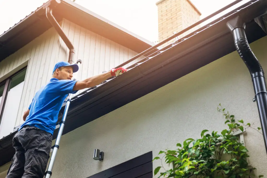 Roof inspection - A male contractor performing a routine maintenance check on a residential property's roof.