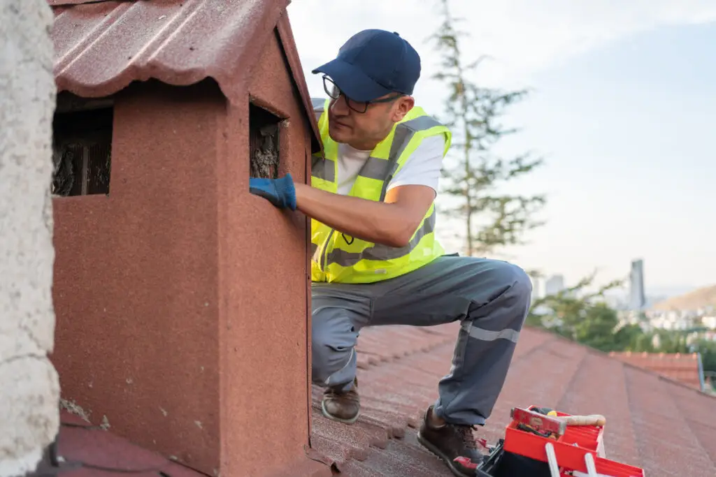 Sources of roof problems - A male contractor checking an residential home's chimney and other sources of roof problems.