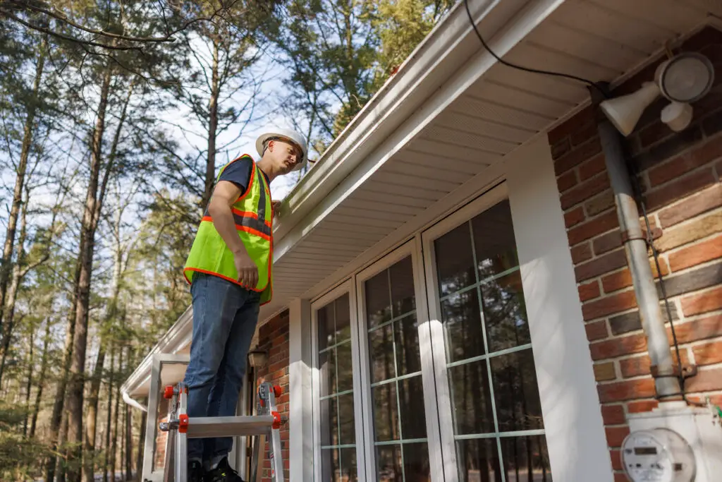 Inspecting roof problems - A male contractor checking the state and quality of a residential home's roof.