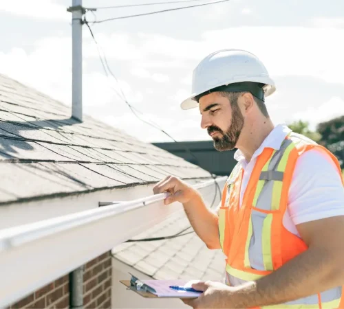 Reliable roof inspection - A male contractor inspecting a residential roof.